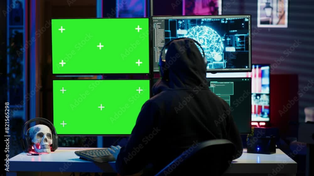 Aufkleber hacker listening music while using isolated screen pc and ai to steal data. scammer wearing headphon