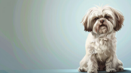 A serene Shih Tzu dog sitting gracefully against a light blue background, looking directly at the camera.