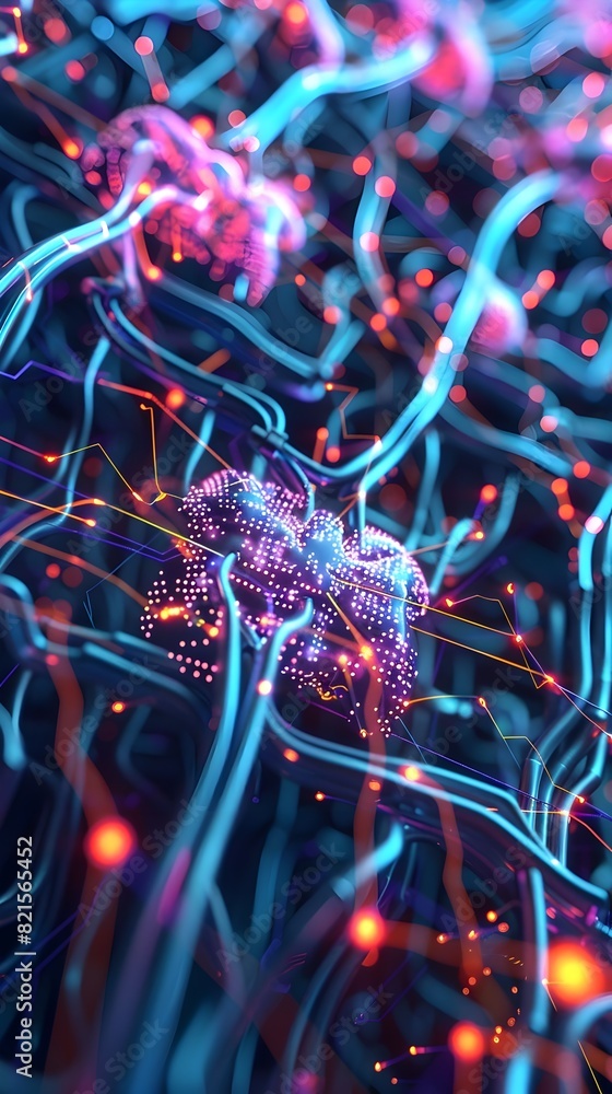 Poster retrofuturistic illumination a d journey through the intricate neural networks of