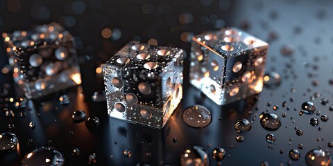 3 transparent dice, black background, water drops, in the style of hyper realistic photography