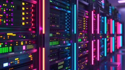 Obraz premium Overclocked Server Rack Dazzlingly Illuminates Data Center Atrium with Multicolored Indicator Lights