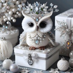 A stunning white owl perched on a box, while enchanting ornaments decorate the surroundings.