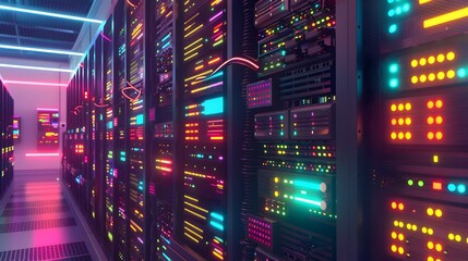 Obraz premium Overclocked Server Rack Vibrantly Illuminated in Minimalist Data Center Atrium