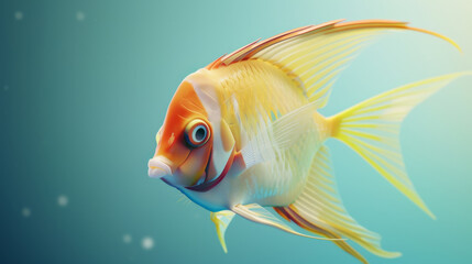 A bright orange fish with long fins swims elegantly in serene blue underwater surroundings.