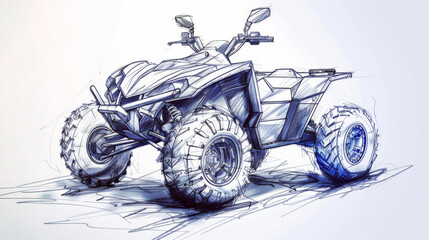 Artistic sketch of a futuristic all-terrain vehicle designed with rugged tires and angular bodywork.