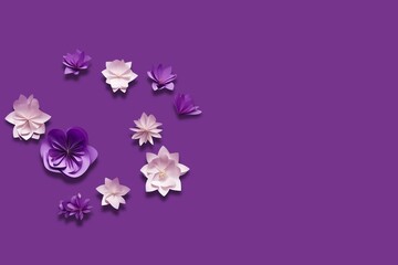 Purple paper flowers on a purple background, greeting cards, party decorations, Mother's Day and Valentine Day