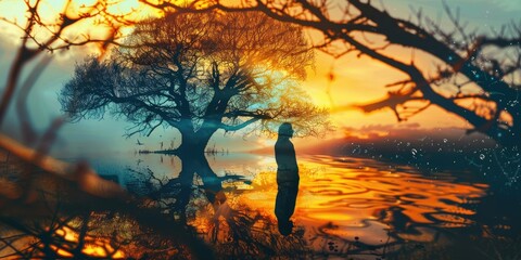 A double exposure of the silhouette hand and tree branches, in front is an open palm with water flowing from it, in background there's woman walking towards sunset.