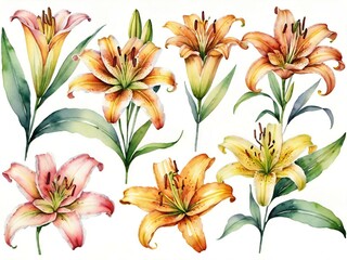 set of lily flowers on watercolor background