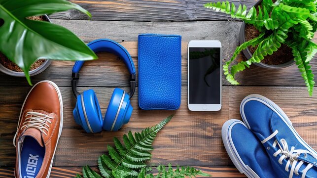 Fundo fotogr&aacute;fico para publicidade do Dia dos Pais, com acess&oacute;rios masculinos como rel&oacute;gio, smartphone e t&ecirc;nis, ideal para campanhas e promo&ccedil;&otilde;es