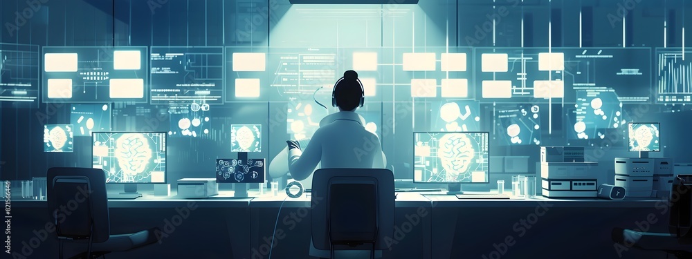 Poster futuristic scientist trains sophisticated nlp model in minimalist lab