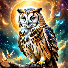 Painting of an owl sitting on a branch with a full moon in the background.