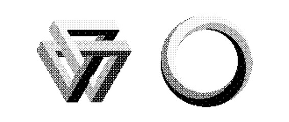 Bitmap impossible shapes set. Dither halftone unreal objects collection. Black textured triangle, circle, square elements for banner, poster, leaflet. Pixelated 3d raster effect bundle. Vector pack 