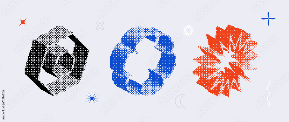 Poster Textured bitmap shapes set. Blue, red, black dither halftone objects collection. 3d star, flower, hexagon elements for banner, poster, leaflet. Abstract pixelated raster effect bundle. Vector pack