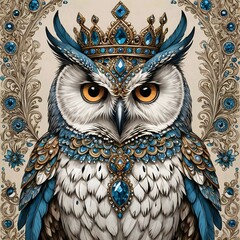 A Painting of an owl displaying a majestic blue crown atop its head.