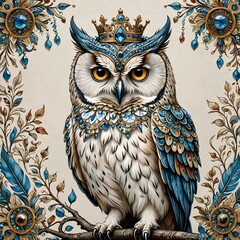 A Painting of a wise owl adorned with a striking blue crown on its head.