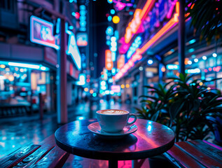 close up cappuccino with neon city lights in the background