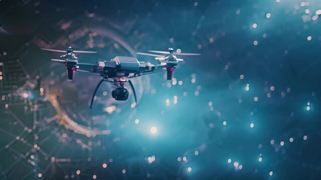 A futuristic drone flies through a neon digital network, representing advanced technology and innovation. Ideal for tech and science concepts.