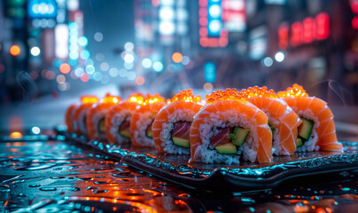 close up sushi dish with neon city lights in the background