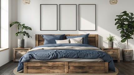 Vintage wooden bed with two bedside cupboards, three mock-up poster frames and blue cushions set against a white wall with flower vases, Generative AI.