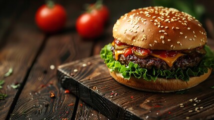 Good-tasting double burger with ham, cheese, fried egg, tomato, onion and lettuce on a wooden table against blurry backdrop with ample space for any text, Generative AI.