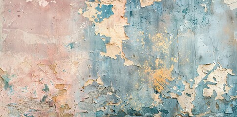 Colorful grunge background, old concrete wall with peeling paint and cracks in blue and beige tones. Textured vintage texture for design and decoration. High resolution photography