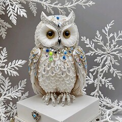 A white owl perched on top of a white box, its head adorned with dazzling jewels.