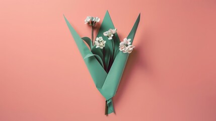 paper cut out of a bouquet with green paper wrapped around it on a pink background, flowers in the shape of "v", minimal concept photography