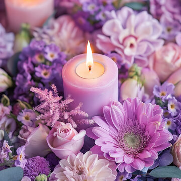 Vela y flores coloridas, violeta y rosa