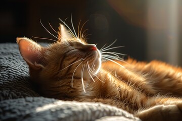 A brown cat portrait with closed eyes, enjoying the morning light at home, set against a hazy background with copy space, Generative AI.
