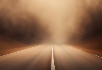 A deserted road disappearing into a thick fog or dust storm, creating a mysterious and eerie atmosphere.