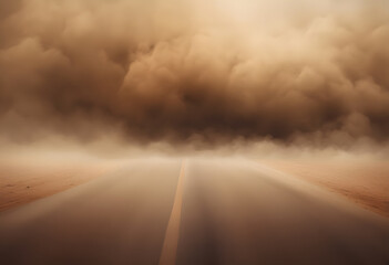 A deserted road disappearing into a massive sandstorm in a desert landscape.