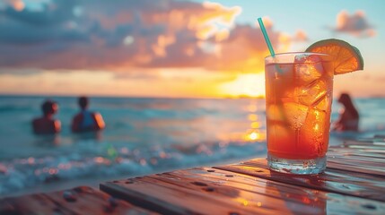 Happy couple on a summer vacation, sipping cocktails as the sun sets on the beach on sunny backdrop, Generative AI.