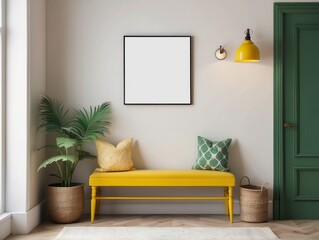 cosy entryway with Kelly Green bench, Saffron Yellow consola, hanger and lamp