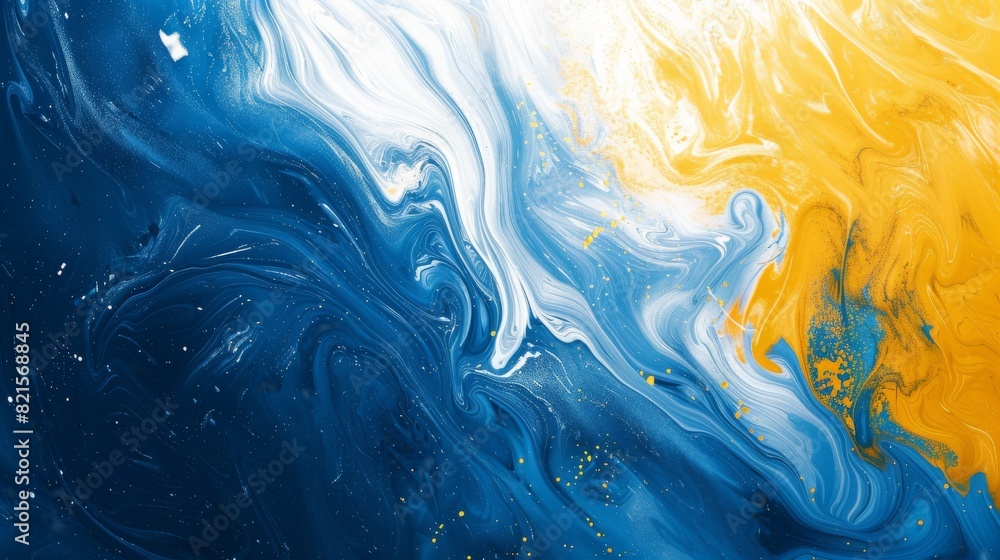 Poster this image features a vibrant abstract fluid art with swirling patterns of blue and yellow, suggesti