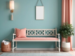 cosy entryway with Light Aquamarine bench, Cottage White consola, hanger and lamp, Coral wall