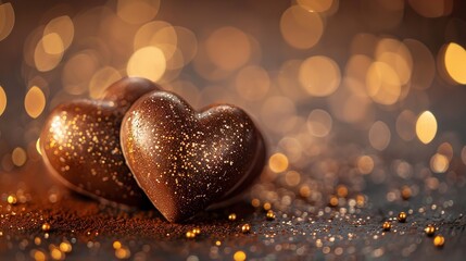 Heart-shaped chocolate confection with golden sparkles and a hazy background with writing space, Generative AI.