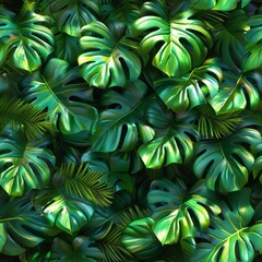 A seamless tile of green jungle monstera leaves. 