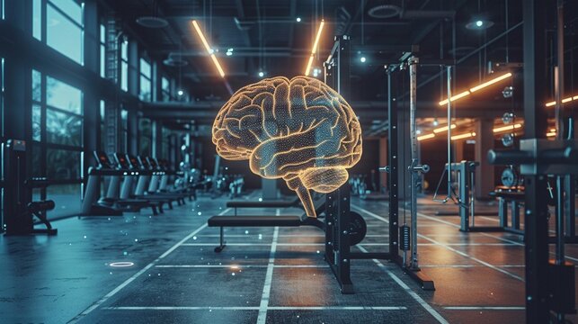 Produce a captivating eye-level photo merging a gym setting with a brain silhouette highlighting the link between exercise and brain health Incorporate elements like workout equipment 