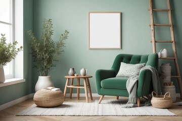 Cloudy Green composition of cozy living room interior, stylish armchair, wooden coffee table