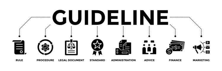 Guideline banner icons set. Vector graphic glyph style with icon of rule, procedure, legal document, standard, administration, advice, finance, and marketing	