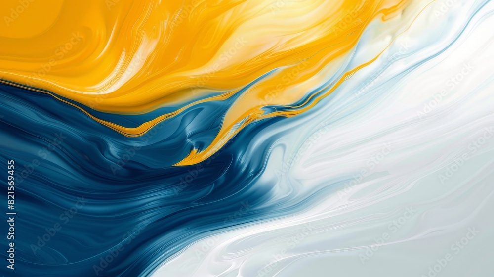 Poster an abstract image featuring a fluid intertwining of yellow and blue shades creating a wavy pattern