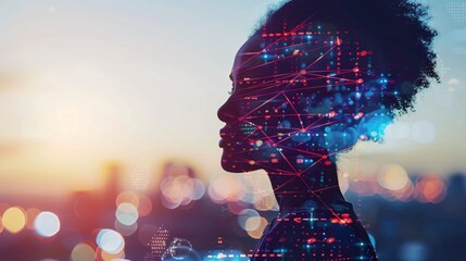 Profile silhouette of black woman using smart phone and communication network concept. Telecommunication. IoT (Internet of Things). ICT (Information communication Technology). 5G.