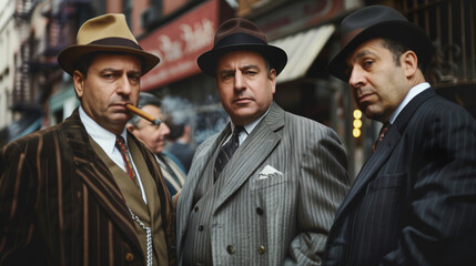 portrait of a three Italian mafia standing and smoking  cigar