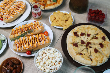 High Angle Of Assortment Food For Dinner Party
