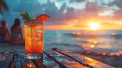 Happy couple on a summer vacation, sipping cocktails as the sun sets on the beach on sunny backdrop, Generative AI.