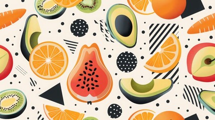 Colorful seamless pattern with sliced fruits like orange, kiwi, avocado, and papaya on a geometric background. Vibrant, fresh, summer design.