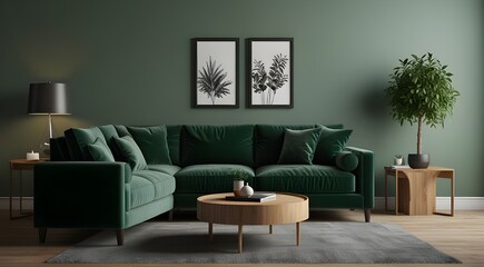 Green sofa and decor in living room on transparent background.3d rendering.
