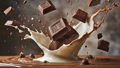 chocolate thrown in the air; splashing milk
