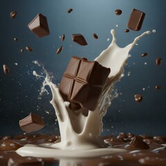 chocolate thrown in the air; splashing milk