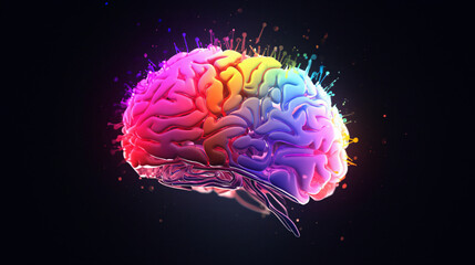 Creativity idea depicting a color-exploding brain Mind blowing concept, black background

A colorful human brain model is isolated on a dark background. An illustration of generative AI.
